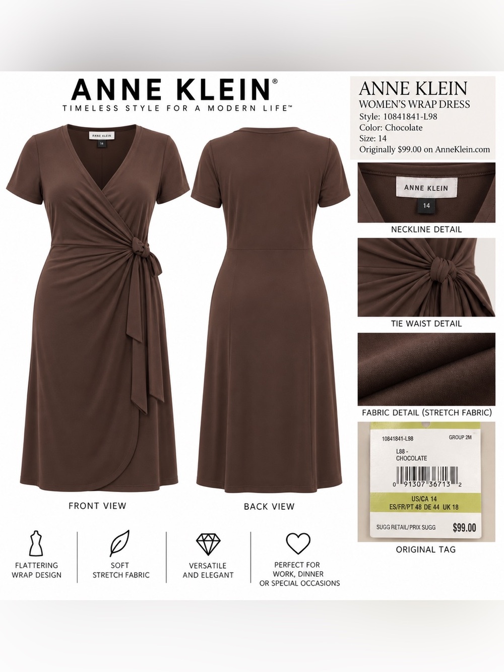 Anne Klein Chocolate Brown Short-Sleeve Wrap Dress with Side Tie